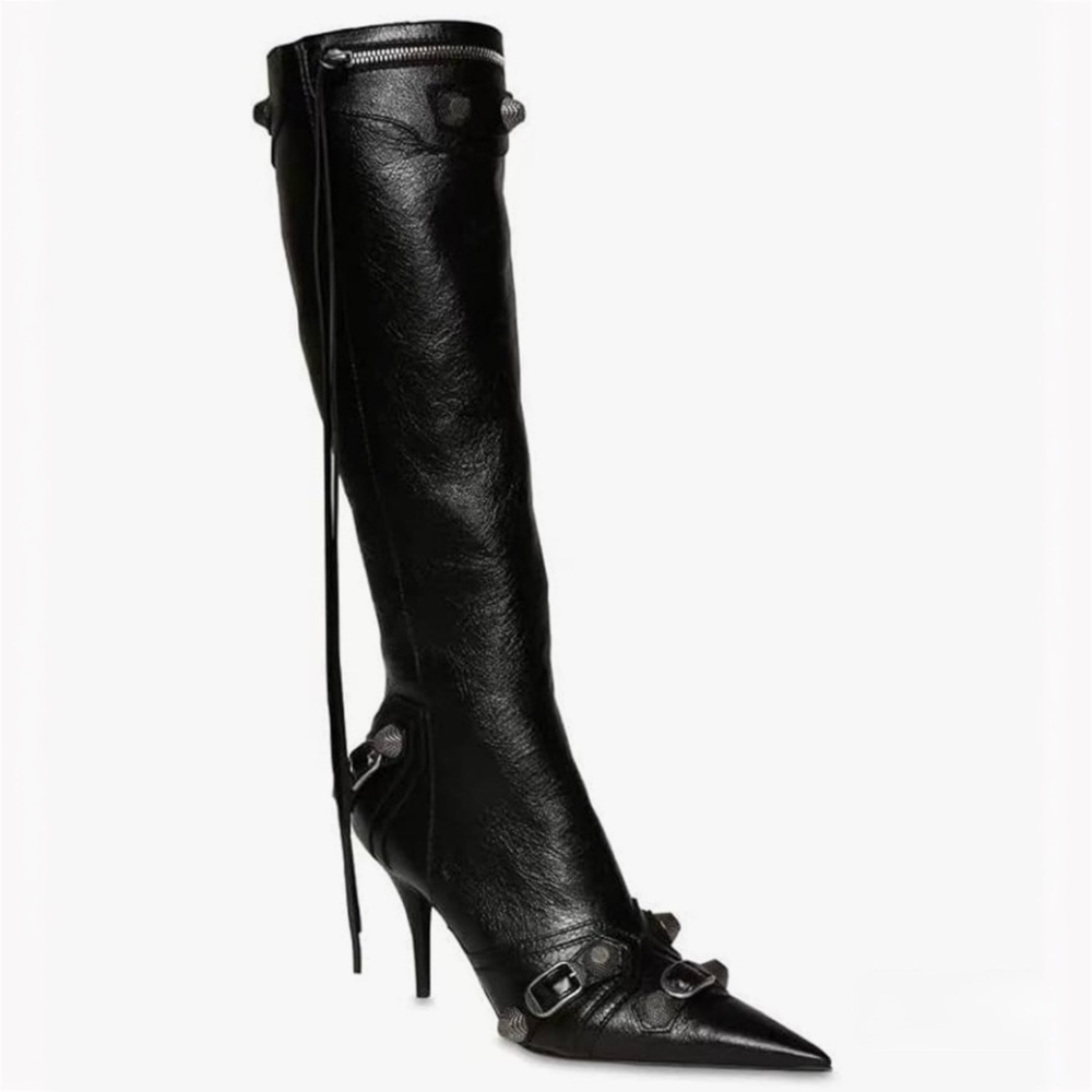 Rocker Chic Knee High Studded Stiletto Boots with Tassels - Picture 3 of 13